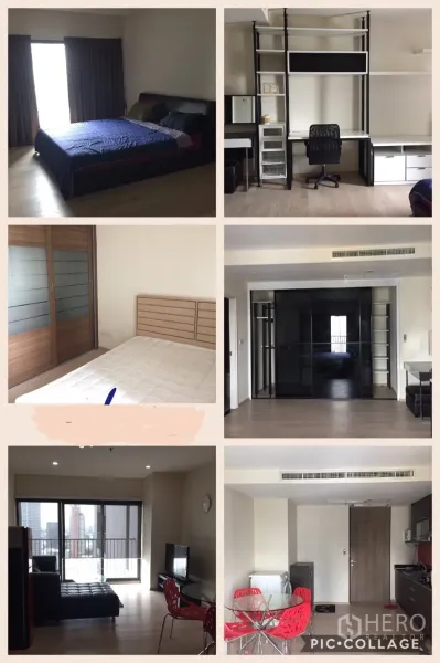 Condominium for rent in Khlong Toei, Bangkok - Spacious master bedroom with king bed, wood floors, and balcony door with blackout curtains.
