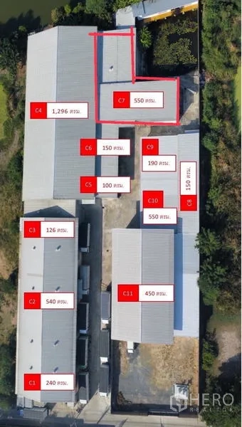Warehouse for rent in Nakhon Pathom - Aerial site plan highlighting warehouse units and sizes, showing unit C7 at 550 sq m.
