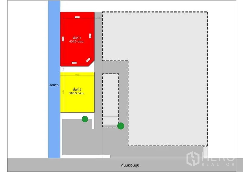 ที่ดิน ให้เช่าในWatthana, Bangkok - ผังแปลงที่ดิน เขตวัฒนา แสดงพื้นที่สีต่าง ๆ ติดคลองด้านซ้าย ทางเข้าภายใน และทางออกสู่ถนนสาธารณะ