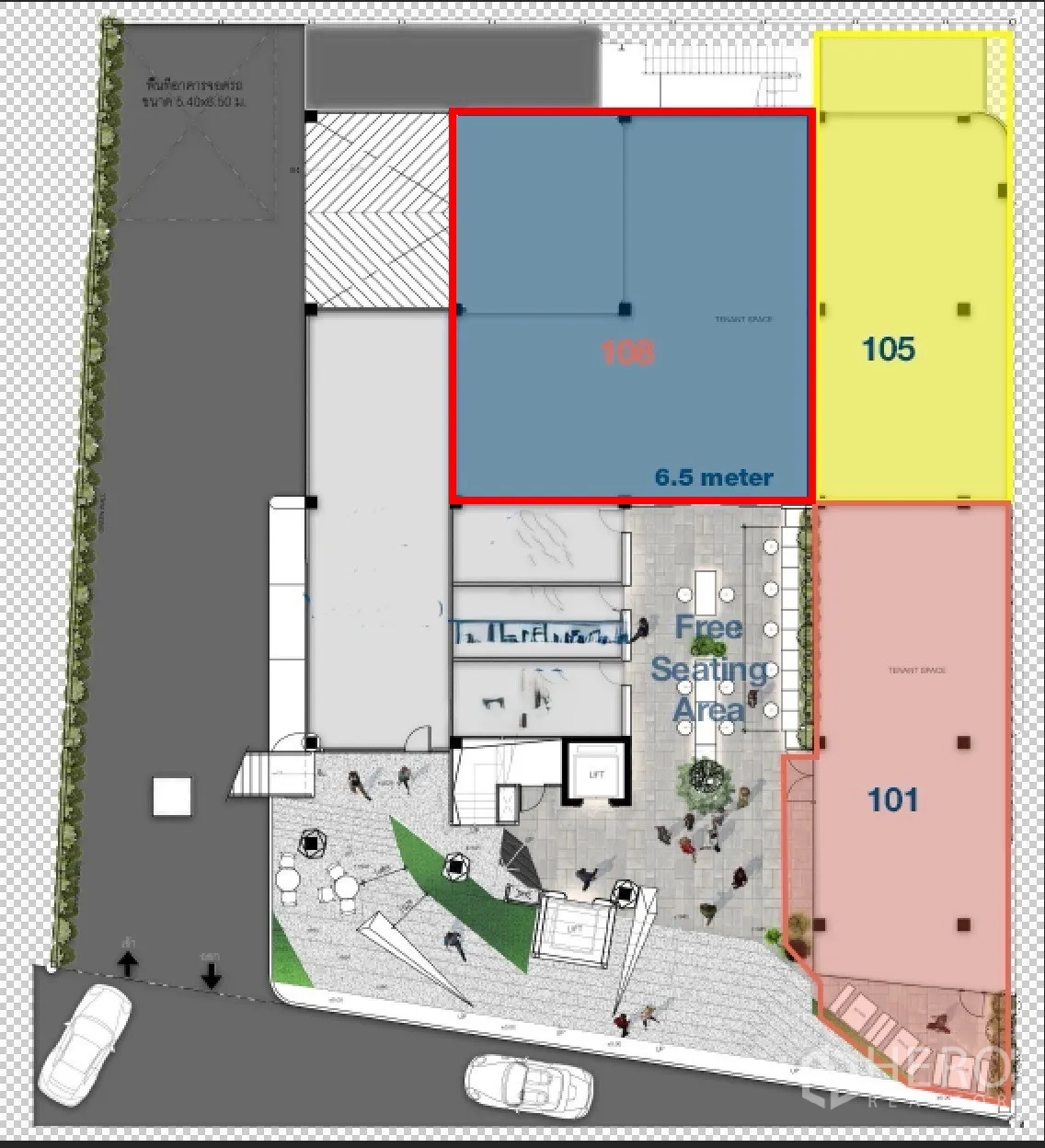 零售空间 出租在Watthana, Bangkok - 平面图显示单元布局与门宽，并设共享座位区。