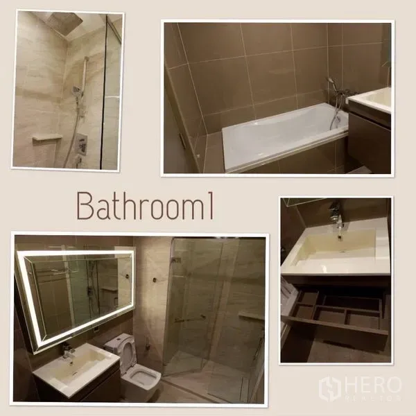 คอนโด ให้เช่าในWatthana, Bangkok - ภาพรวมคอลเลกชันห้องน้ำสมัยใหม่ แสดงฝักบัวเรนชาวเวอร์ อ่างอาบน้ำ กระจกไฟ LED อ่างล้างหน้า และลิ้นชักเก็บของ