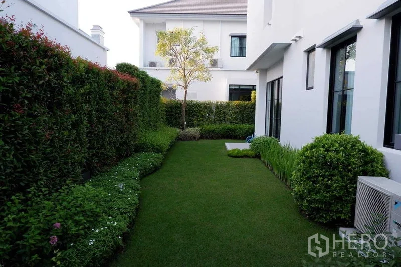 Detached House for rent in Saphan Sung, Bangkok - Private side lawn bordered by manicured hedges along a white modern house facade.