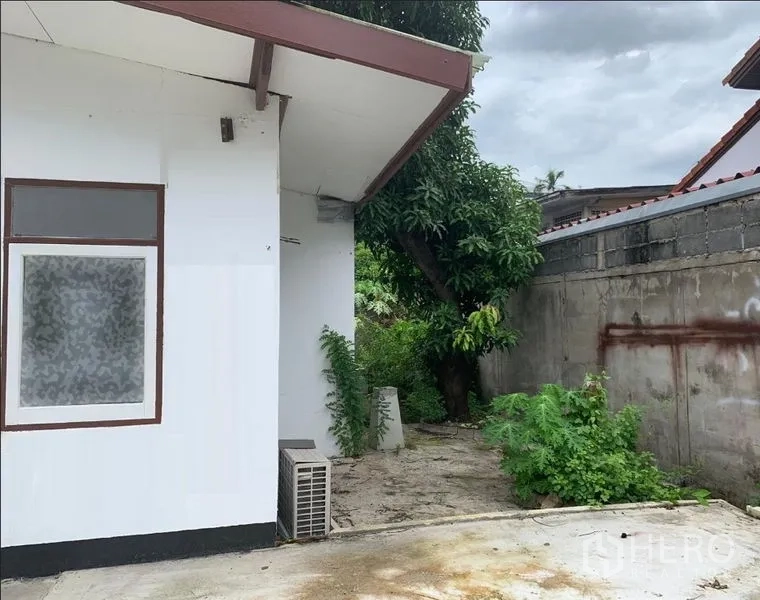 独立式住宅 出租在Phra Khanong, Bangkok - 房屋侧面带窗户，室外空调机组、大树与围墙。