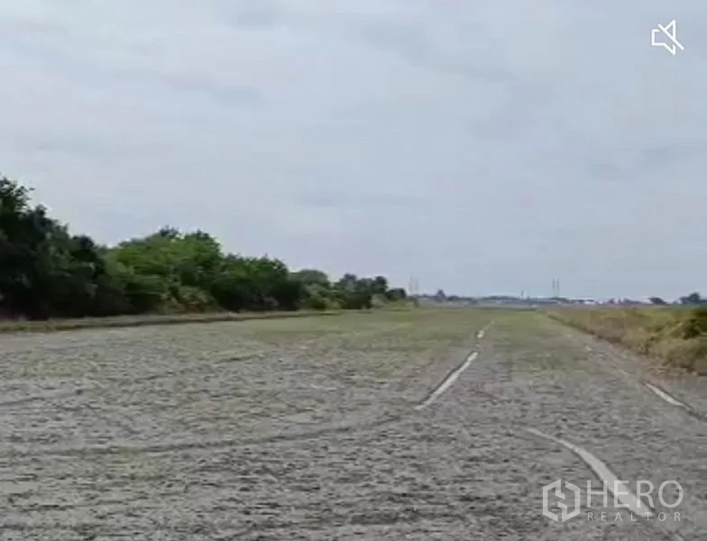 Land for sale in Lam Luk Ka, Pathum Thani - Panoramic view of expansive cleared land stretching to the horizon with greenery on both sides.