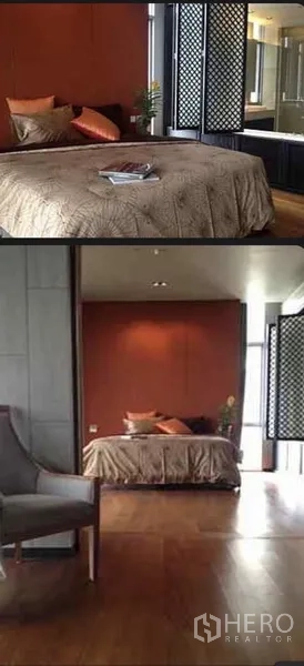 公寓 出租在Sathon, Bangkok - 主卧设橙色背景墙、床与格栅隔断，可望套间区域。