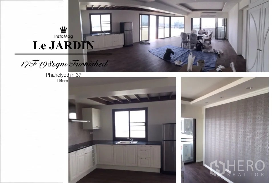 Condominium for rent or sale in Chatuchak, Bangkok - Collage of open-plan living and dining area with wide sliding glass doors, a white kitchenette, and an accent feature wall.