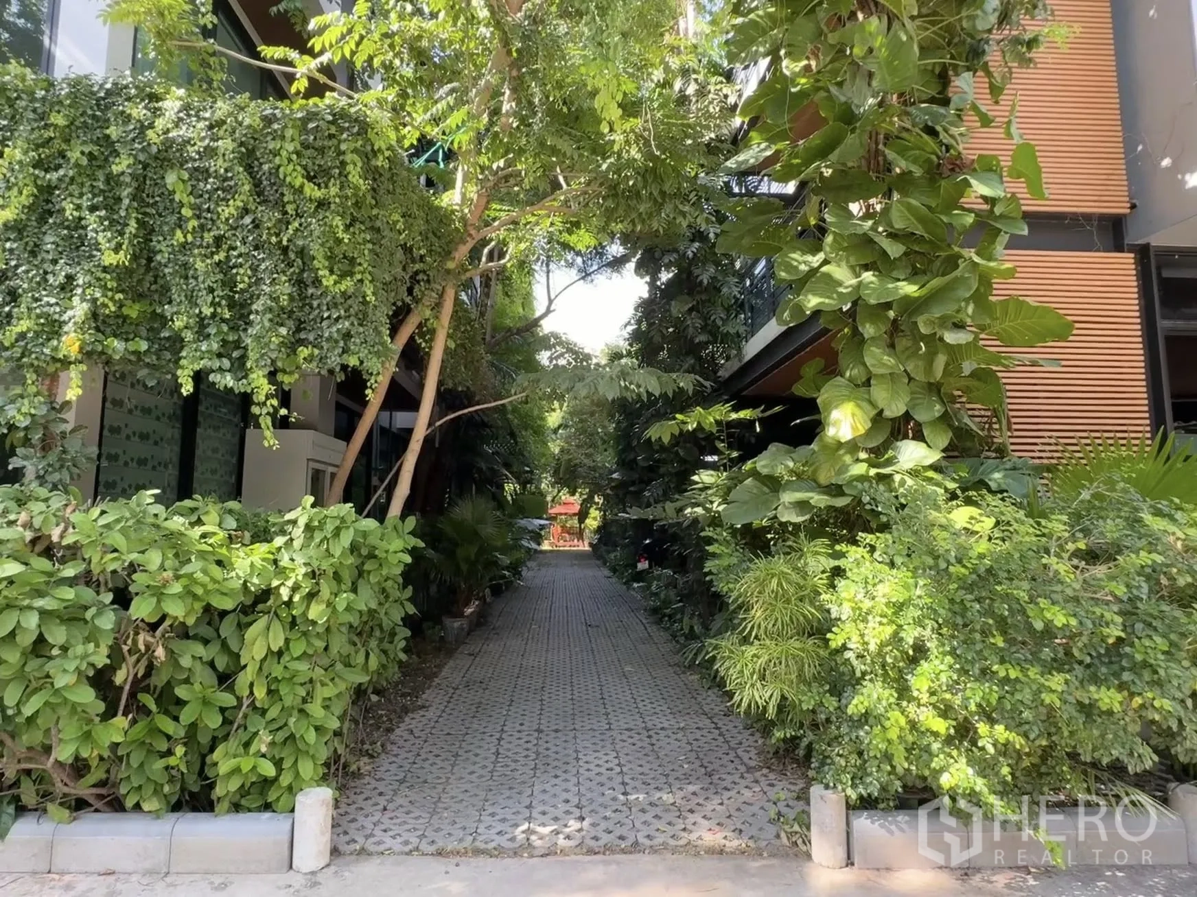 办公空间 出租在Khlong Toei, Bangkok - 建筑之间的绿荫步道，热带植物环绕。