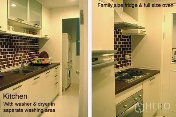 公寓 出租在Khlong Toei, Bangkok - 现代走廊式厨房，配灶台、烤箱、油烟机、马赛克墙面，旁有独立洗衣区含洗烘机。