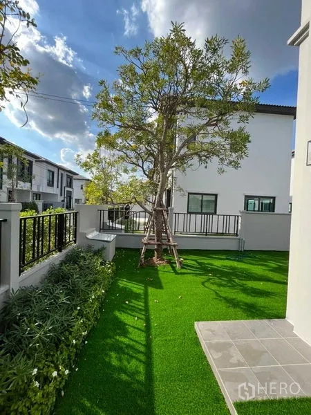 Detached House for rent or sale in Samut Prakan - Front garden with tree, hedges and artificial turf beside the terrace.