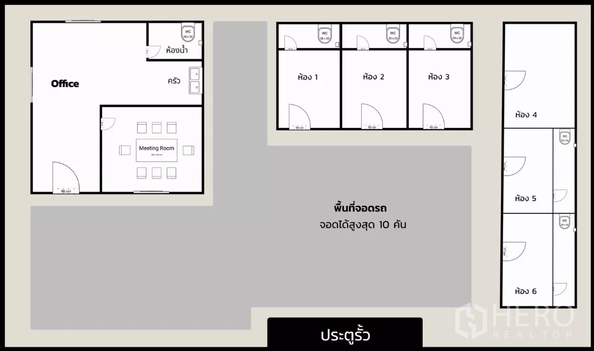 Home Office for rent in Bang Phli, Samut Prakan - Floor plan showing office, meeting room, six bedrooms with ensuite bathrooms and a large parking area.