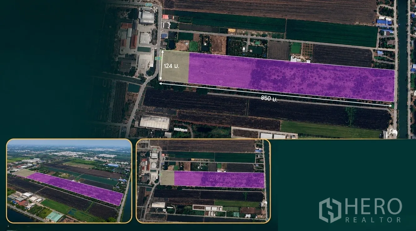 Land for sale in Sai Noi, Nonthaburi - Satellite view showing a long rectangular land plot outlined, bordered by farmland, a local road, and a canal.