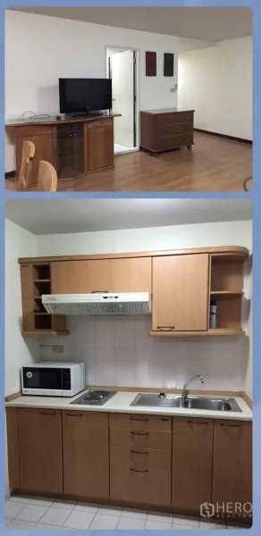 คอนโด ให้เช่าในWatthana, Bangkok - มุมรับประทานอาหาร โต๊ะไม้หกที่นั่ง ตู้กระจก พื้นไม้ ใต้เครื่องปรับอากาศ