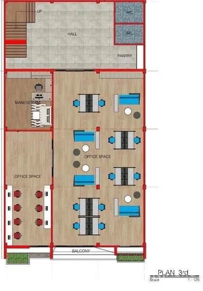 สำนักงานที่บ้าน ให้เช่าหรือขายในSuan Luang, Bangkok - แปลนชั้น 3 แสดงห้องผู้บริหาร พื้นที่ออฟฟิศแบบเปิด แพนทรี และห้องน้ำ พร้อมระเบียง
