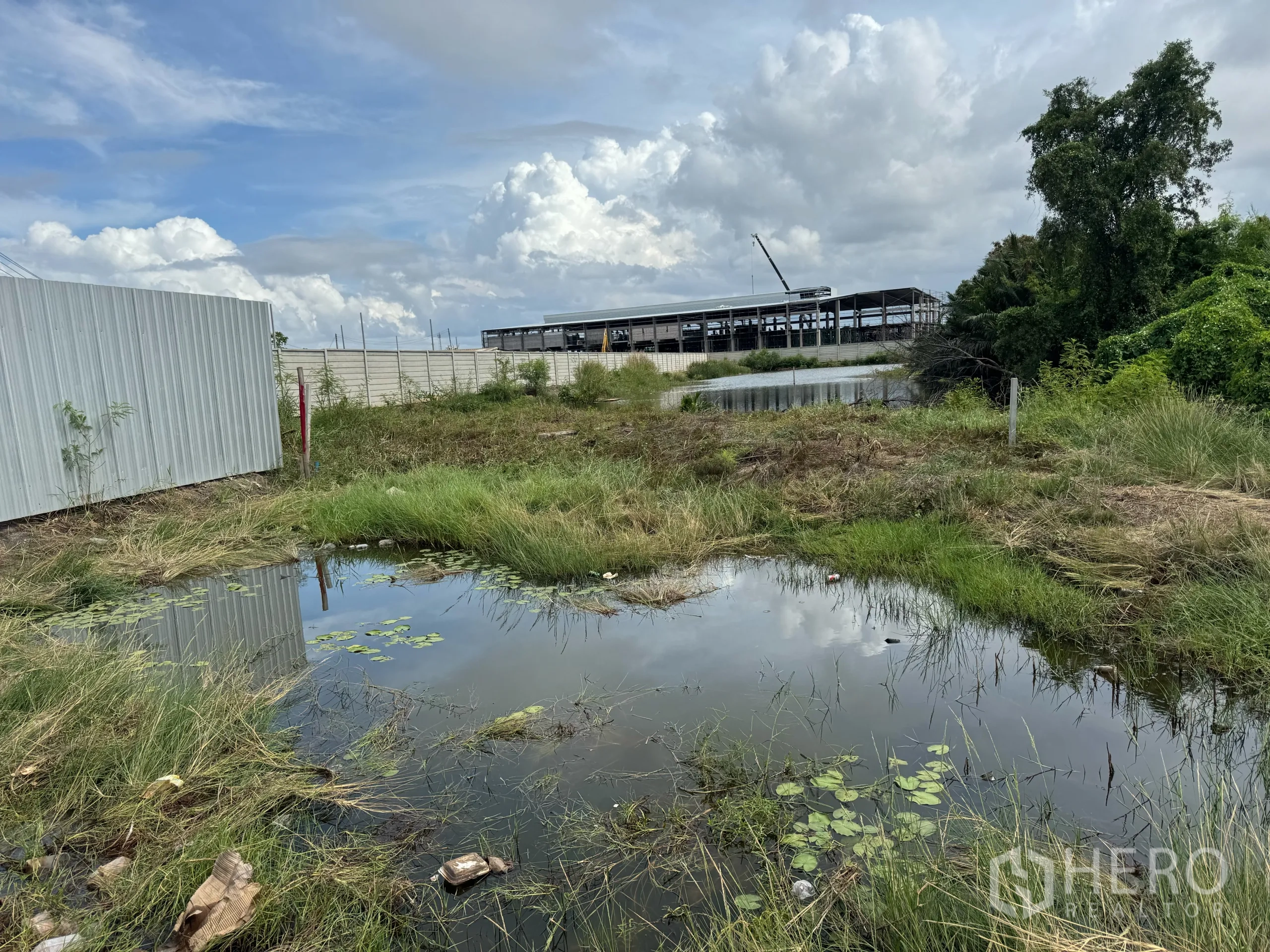 Land for sale in Samut Prakan - Grassy land parcel with a lily-covered pool and construction site beyond the wall in Phra Samut Chedi.