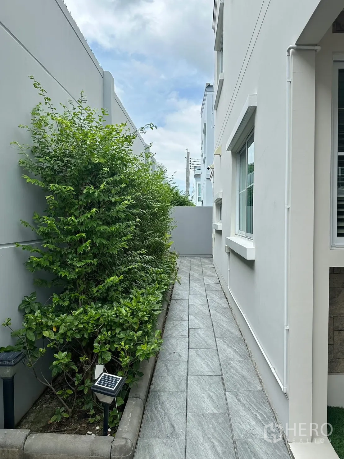 联排别墅 for rent in Prawet, Bangkok - 侧院铺灰色地砖的人行道与绿篱。
