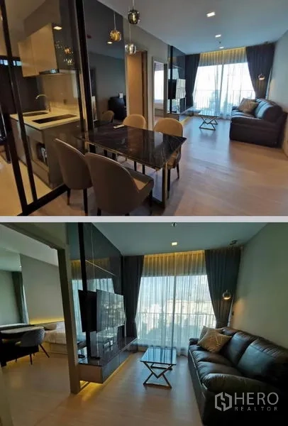 Condominium for rent in Huai Khwang, Bangkok - Living room view toward balcony and TV wall in a bright open-plan condo