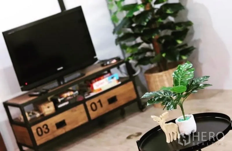 ทาวน์เฮาส์ ให้เช่าในChatuchak, Bangkok - มุมใกล้ชิดทีวีบนตู้สไตล์อินดัสเทรียล พร้อมกระถางต้นไม้