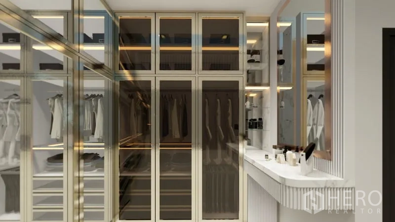 公寓 出租在Sathon, Bangkok - 定制衣柜带茶色玻璃门，配梳妆台与镜子。