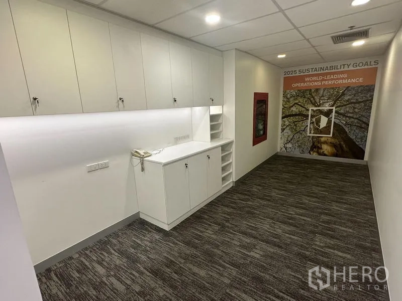 Office Space for rent in Khlong Toei, Bangkok - Copy or storage area with white cabinetry and a sustainability wall graphic.