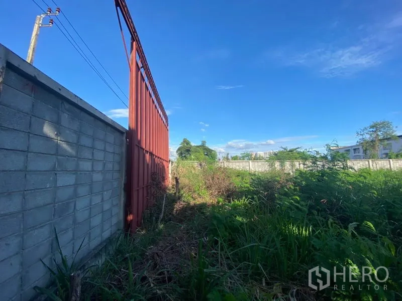 货栈 出租在Suan Luang, Bangkok - 金属大门内的草地空地，沿混凝土围墙，适合扩建或户外堆放。