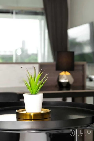 店屋 出售在Suan Luang, Bangkok - 特写：托盘上的小型绿植，背景为虚化的卧室与灯具。