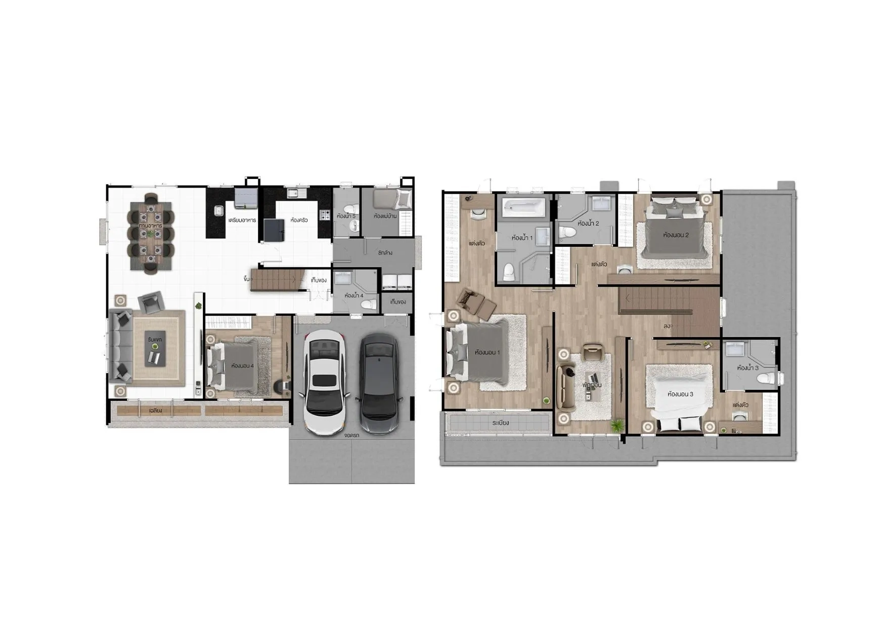 บ้าน ให้เช่าหรือขายในLam Luk Ka, Pathum Thani - ผังพื้นบ้านสองชั้น แสดง 4 ห้องนอนและที่จอดรถ