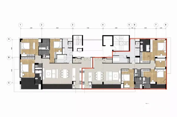 Condominium for rent in Bang Kapi, Bangkok - Floor plan illustrating a spacious 3-bedroom, 4-bathroom condominium with generous living and dining zones.