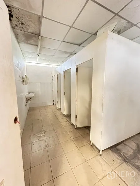 工厂 出租在Phra Nakhon Si Ayutthaya - 员工卫生间，分隔式厕位、洗手盆与地砖。