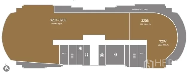 Office Space for rent - Floor plan of a high-rise office level highlighting a 1,274 sq m unit.