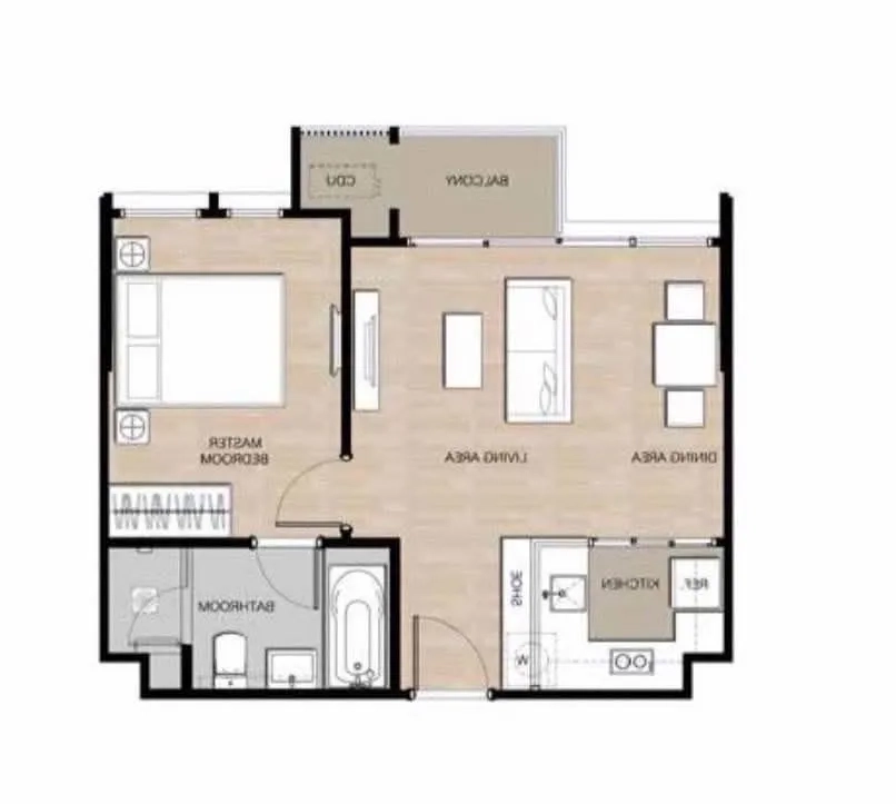 Condominium for rent in Watthana, Bangkok - Floor plan of a 47 sqm 1-bedroom condominium with balcony, open living and dining area, enclosed kitchen, and bathroom with tub and shower.