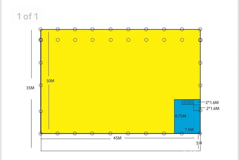 Factory for rent or sale in Khlong Luang, Pathum Thani - Factory layout plan showing a 45x35 m warehouse and a corner office area with dimensions.