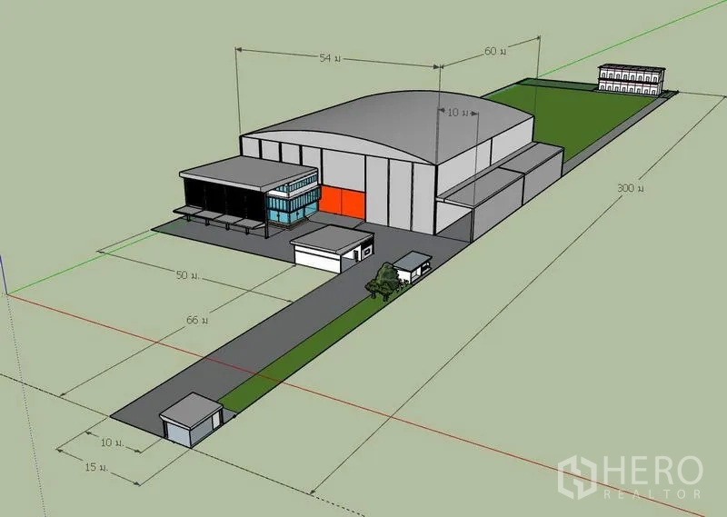 Home Office for sale in Khlong Luang, Pathum Thani - Site layout diagram illustrating warehouse, office building and deep plot dimensions.