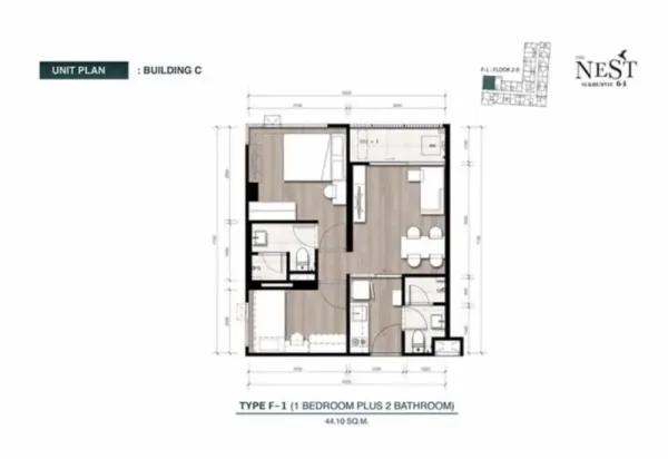 公寓 出售在Phra Khanong, Bangkok - 44平米一居两卫公寓户型图，开放式客厅与厨房布局。