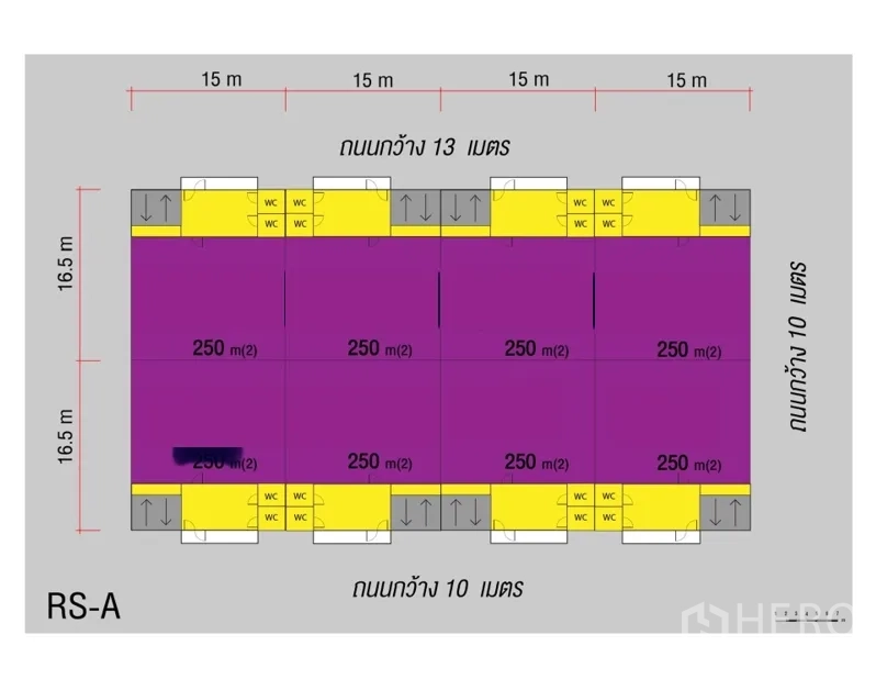 工厂 出租在Khlong Luang, Pathum Thani - 总平面图，示多套厂房及10–13米宽道路。