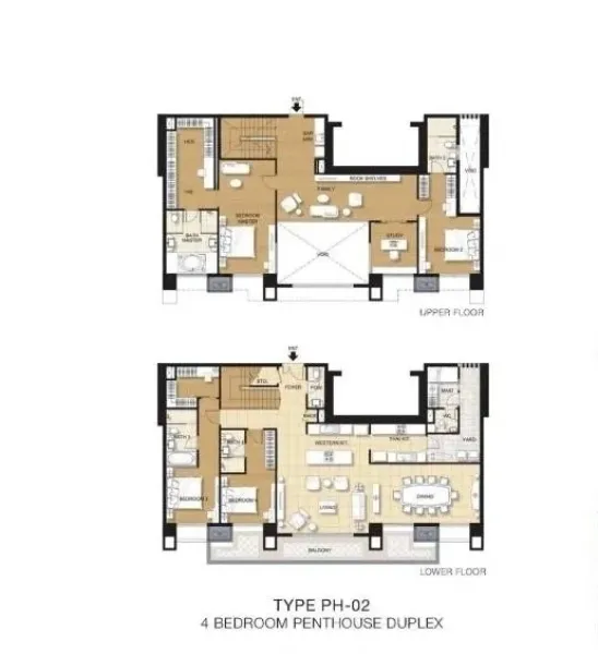คอนโด ให้เช่าในRatchathewi, Bangkok - ผังห้องดูเพล็กซ์แบบ PH-02 แสดงชั้นบนและชั้นล่าง