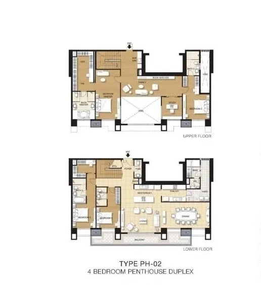 คอนโด ให้เช่าในRatchathewi, Bangkok - ผังห้องดูเพล็กซ์แบบ PH-02 แสดงชั้นบนและชั้นล่าง