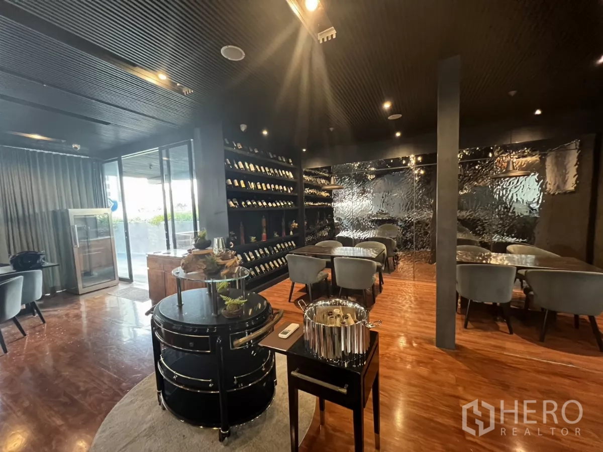 Retail Space for rent - Stylish restaurant dining room with wine wall, grey chairs and wood flooring.