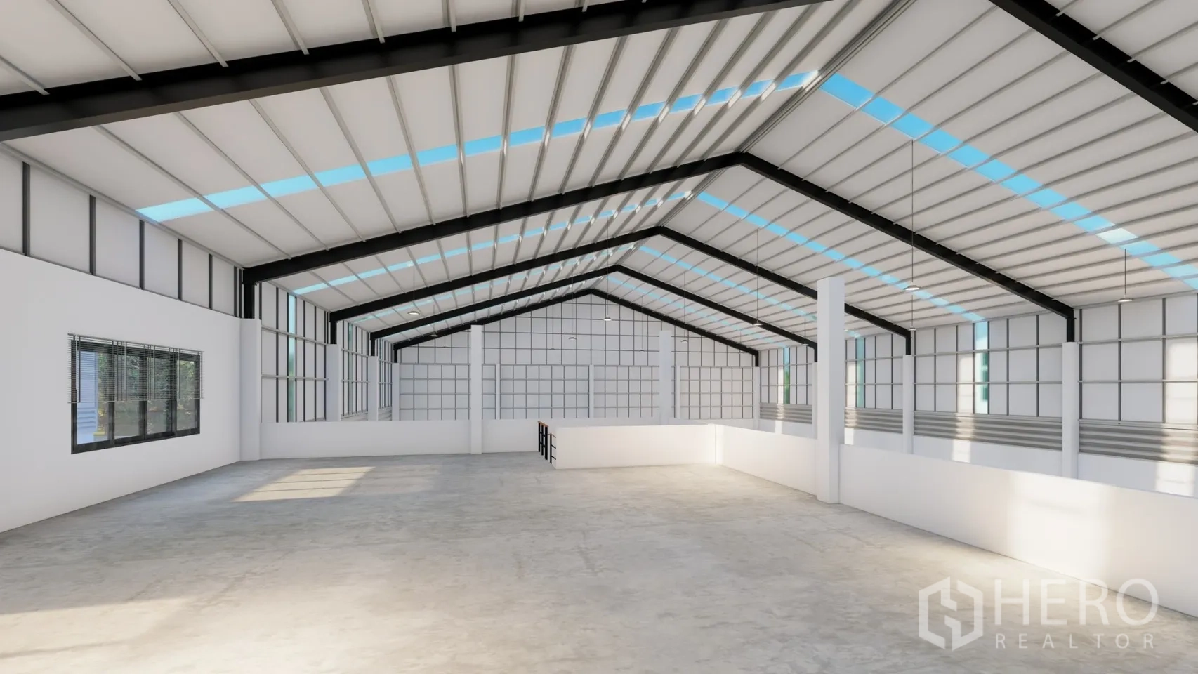 Factory for rent or sale in Lam Luk Ka, Pathum Thani - Mezzanine-style upper area overlooking the warehouse with windows and stair access.