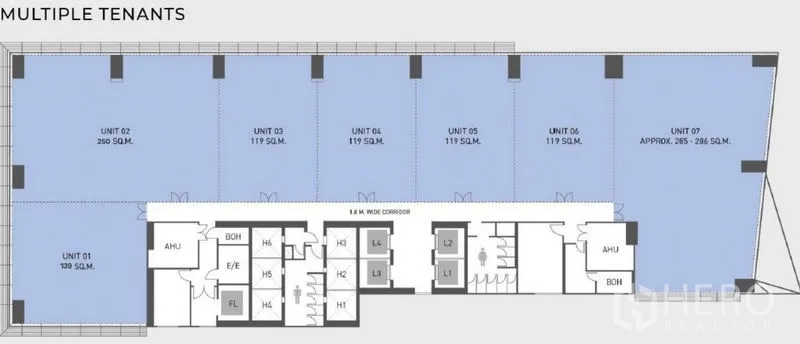 Office Space for rent in Bang Na, Bangkok - Multi-tenant office floor plan in Bang Na showing 119 sqm units, 1.8 m corridor, lifts, restrooms, AHU and BOH areas.