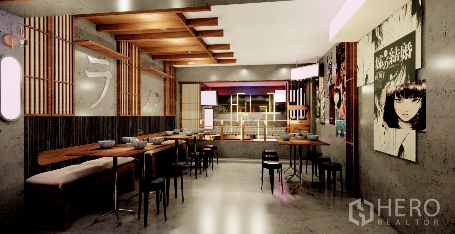 店屋 出租在Watthana, Bangkok - 室内概念渲染：木格栅、高桌与用餐区。