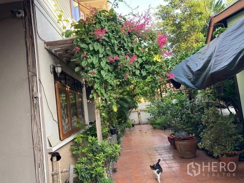 บ้าน ขายในWang Thonglang, Bangkok - ทางเดินสวนร่มรื่น มีซุ้มไม้เลื้อยดอกสีชมพูและพรรณไม้หลากหลายข้างบ้าน