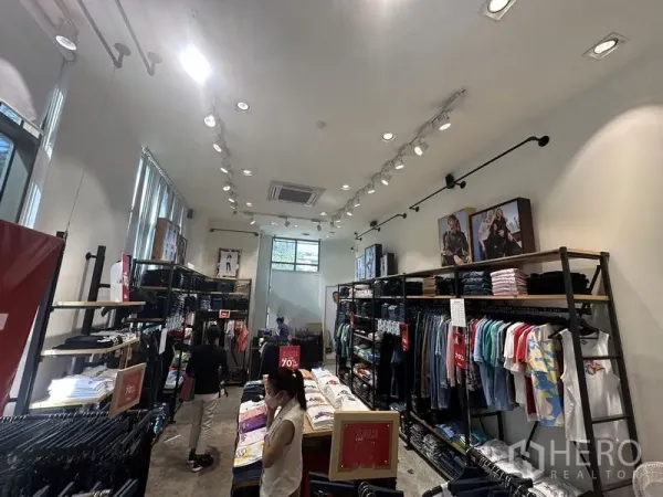 พื้นที่ขายปลีก ให้เช่าในPhra Khanong, Bangkok - พื้นที่ขายเพดานสูงยาว มีชั้นวางทั้งสองด้านและโต๊ะโชว์กลาง พร้อมเครื่องปรับอากาศ