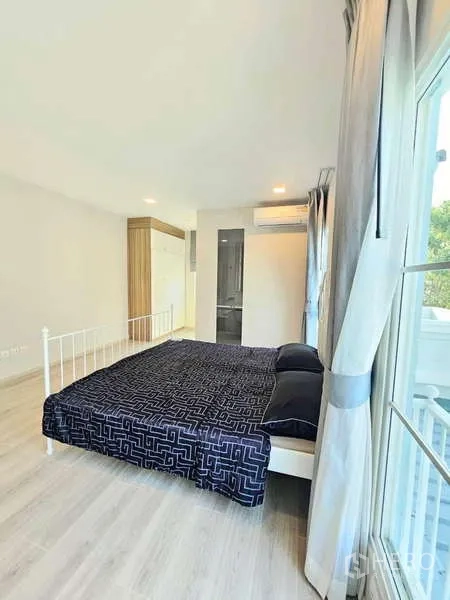 Detached House for rent or sale in Prawet, Bangkok - Bright master bedroom with large windows, curtains and light wood flooring.