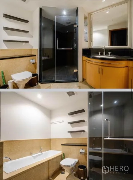 公寓 出租在Sathon, Bangkok - 卫浴含玻璃淋浴间、洗手台与独立浴缸，米色瓷砖点缀。