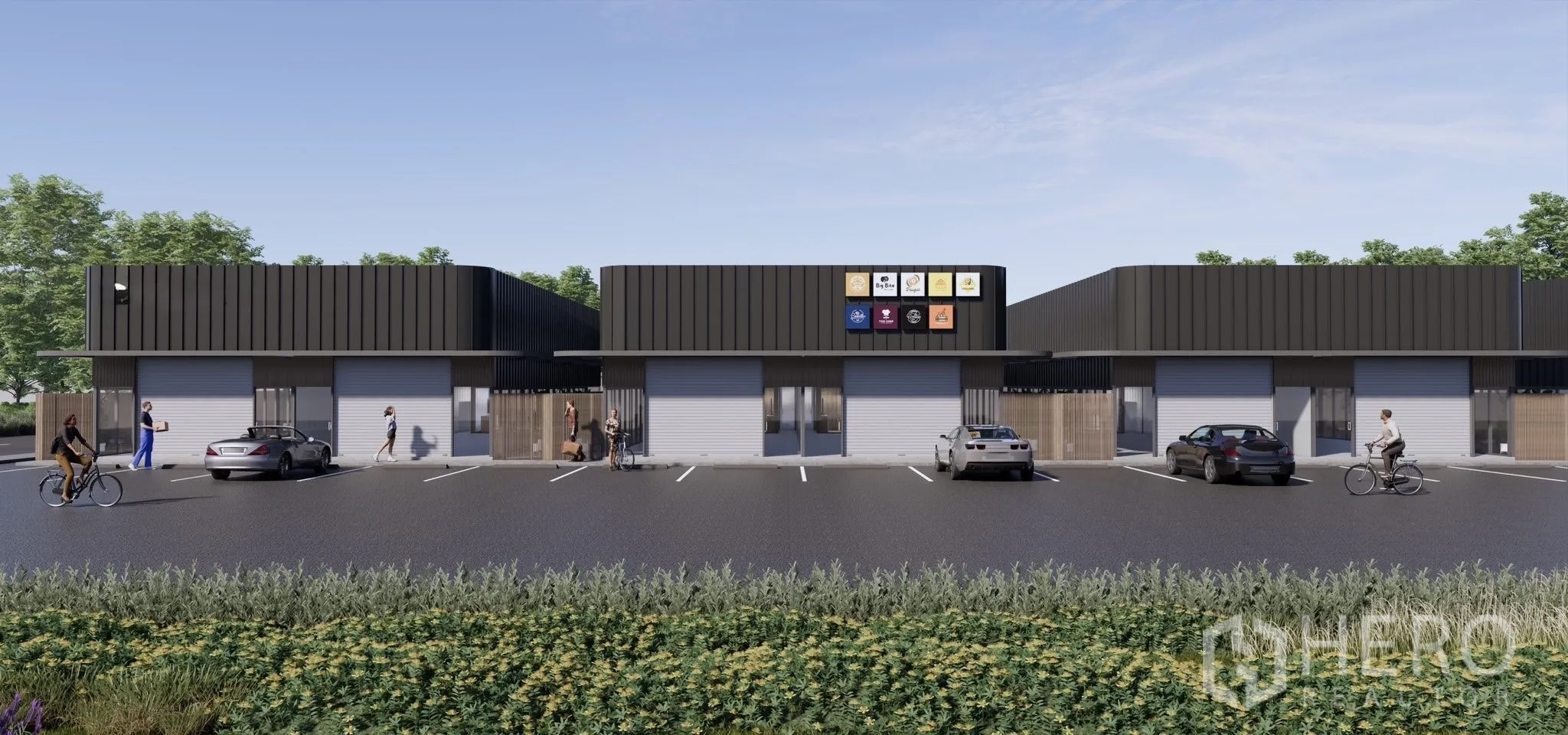 โกดัง for rent in Bang Kapi, Bangkok - โกดังสไตล์โมเดิร์นชั้นเดียวเรียงเป็นแถว พร้อมประตูม้วนและที่จอดรถด้านหน้า