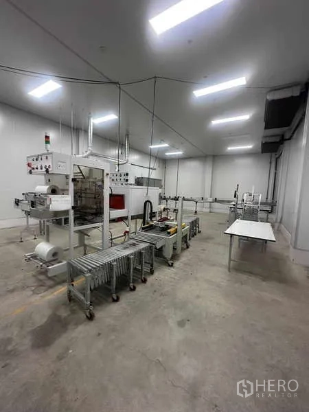 工厂 出租 - 洁净室内的包装与输送线设备，照明充足。