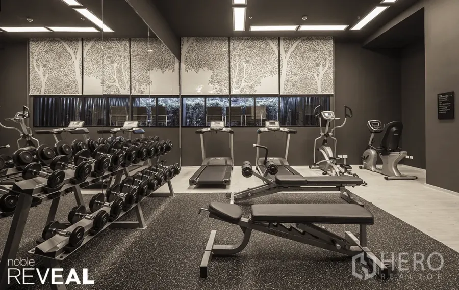 Condominium for rent or sale in Watthana, Bangkok - Condo fitness center with rows of dumbbells, treadmills and ellipticals facing large windows.