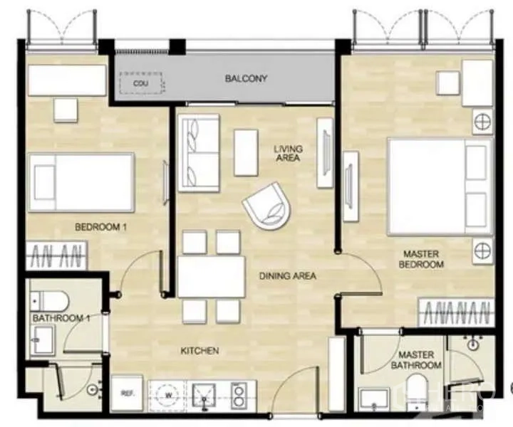 คอนโด ให้เช่าในWatthana, Bangkok - ผังห้องคอนโด 2 ห้องนอน 2 ห้องน้ำ 66 ตร.ม. พร้อมระเบียง