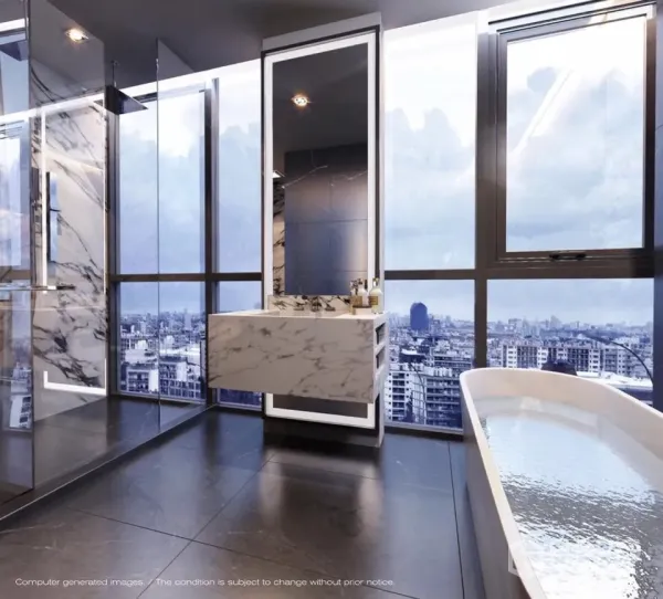 คอนโด ขายในWatthana, Bangkok - ห้องน้ำหินอ่อนมีอ่างอาบน้ำแบบลอยตัว ฝักบัวเรนชาวเวอร์ และหน้าต่างสูงจรดเพดานมองเห็นวิวกรุงเทพฯ