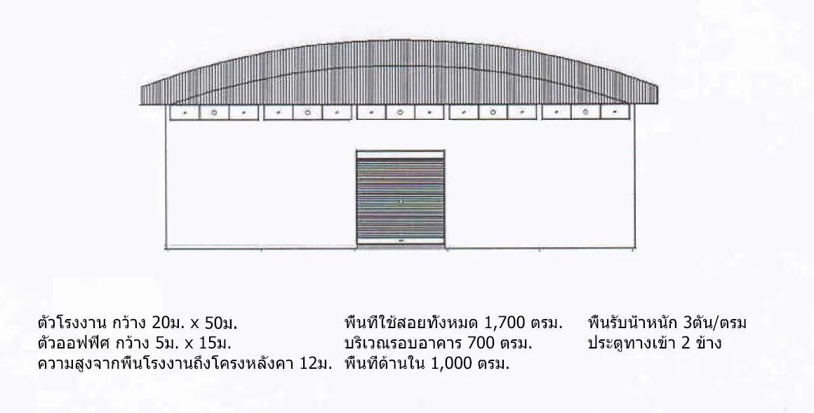 โรงงาน ให้เช่าในLam Luk Ka, Pathum Thani - แบบร่างอาคาร แสดงขนาดโรงงานและออฟฟิศ รับน้ำหนักพื้น และทางเข้าทั้งสองฝั่ง